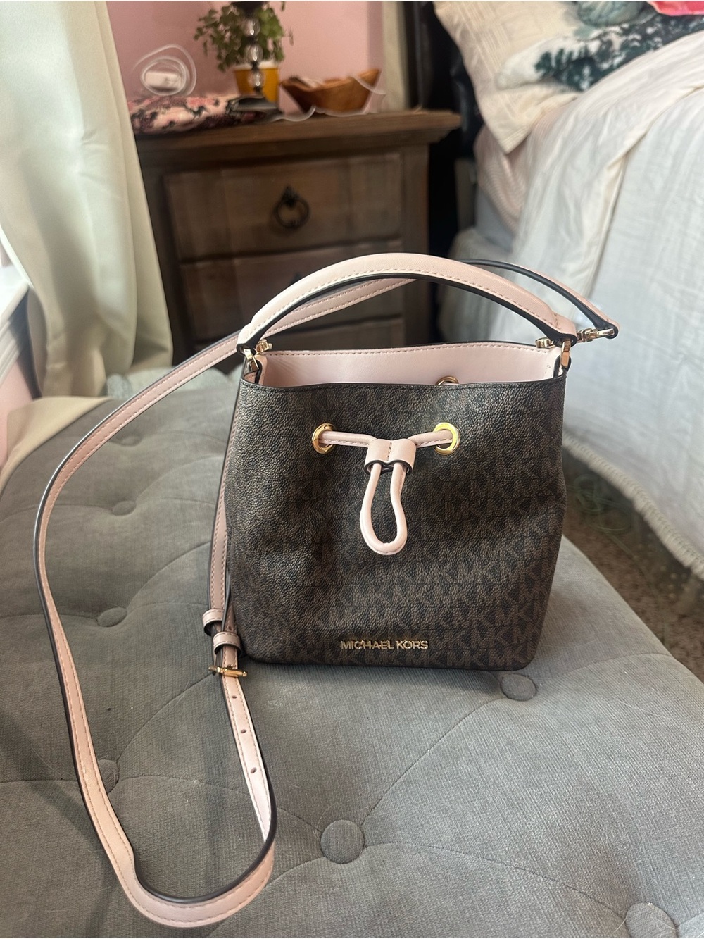 Michael Kors Brown Signature Drawstring Crossbody with Pink Trim